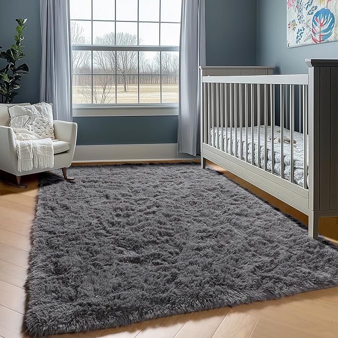 ONASAR Grey Area Rugs for Living Room, 5x8 Gray Fluffy Shag Bedroom Rug, Ultra Soft Plush Shaggy Large Indoor Floor Carpet for Nursery Kids Girls Boys Teen Home Office Decor Aesthetic