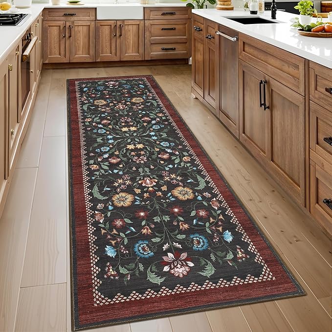 GarveeHome Floral Rug 2.5x10 Runners for Hallways, Boho Kitchen Runner Rugs Non Slip Bath Runners, Vintage Washable Runner Rug for Bedroom, Soft Long Rugs for Entryway Bathroom Laundry Dorm, Red