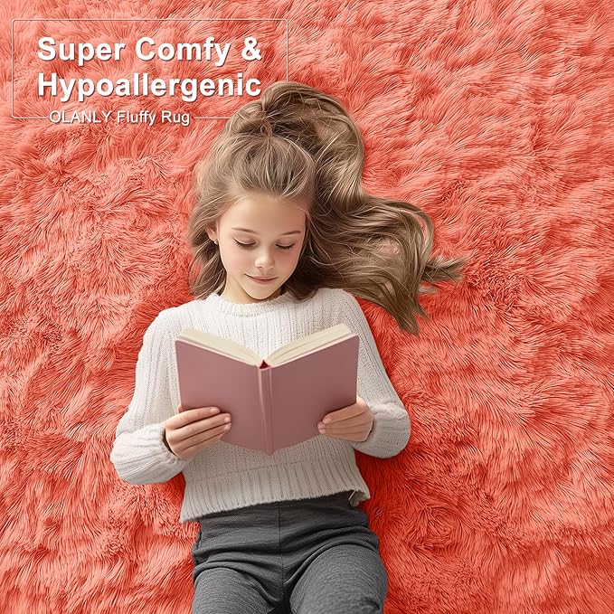OLANLY 5x7 Machine Washable Large Area Rugs for Living Room, Bedroom, Soft Fluffy Shaggy Bedside Rug, Indoor Floor Carpet for Kids Girls and Boys, Dorms, Nursery, Home Decor Aesthetic, Coral Red