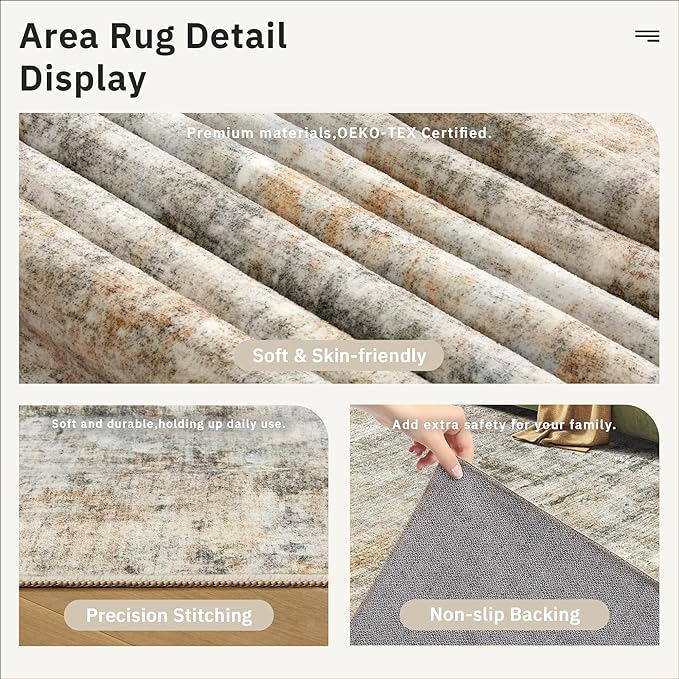 Soalmost 6x9 Abstract Area Rugs for Living Room 6 x 9 Washable Non Slip Low Pile Rugs for Bedroom Dining Room Foldable Thin Brown Grey