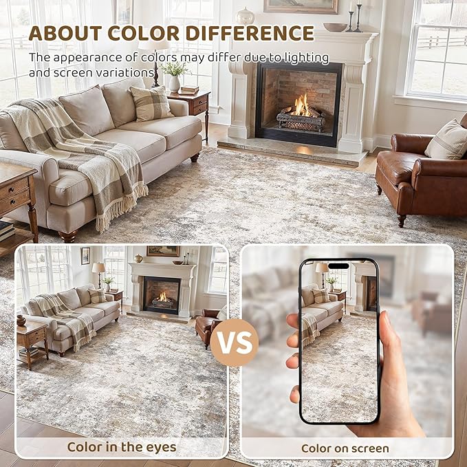 UERMEI 12x18 Area Rug Living Room Rugs - Washable Neutral Modern Abstract Soft Thin Rug Indoor Floor No Slip Rug Carpet for Bedroom Under Dining Table Home Office Decor - Blue/Light Brown