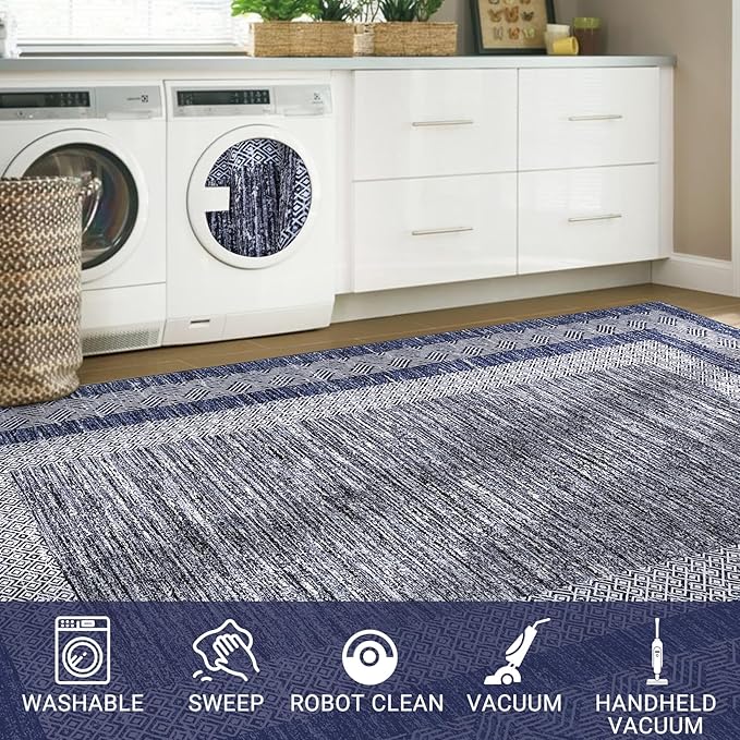 GarveeHome 8x10 Large Washable Area Rug Modern Bordered Rug Distressed Geometric Floor Carpet, Soft Non Slip Rug, Low Pile Non Shedding Rug, Indoor Blue Rug for Bedroom, Living Room