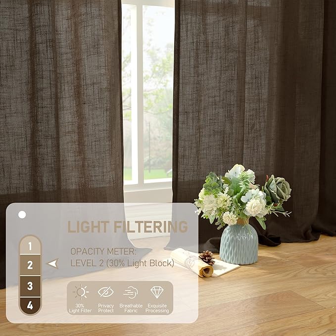 LAMIT Semi Sheer Linen Curtains 45 Inches Long, Light Filtering Panels Back Tab and Rod Pocket Neutral Drapes for Kitchen/Window/Bedroom, Dark Brown, 2 Panels, 52 x 45 Inch