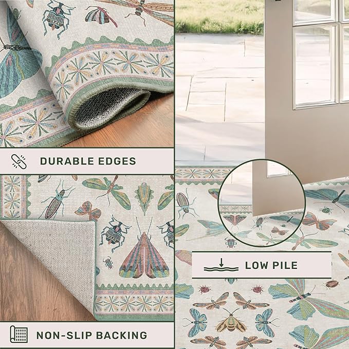 Hazo Haus Washable Boho Bathroom Rug 2x3, Small Throw Rugs for Kitchen, Powder Room, Front Door Indoor Entrance, Non Slip Low Pile Stain Resistant, Dusty Green Colorful Cool Insect Aethestic