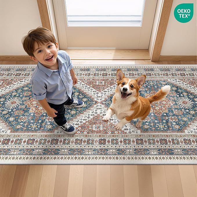 Runner Rug 2x8 Runners for Hallways Non Slip Washable, Vintage Hallway Runner Rugs for Living Room, Low Pile Soft Hallway Rug for Kitchen Bedroom Laundry Room Rug(Blue/Red,2'x8')