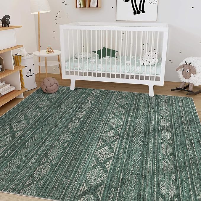 Nakagishi 6x9 Area Rugs Living Room: Washable Boho Large Neutral Soft Farmhouse Rug Stain Resistant Modern Indoor Floor Non-Slip Carpet for Bedroom Nursery Kids Playroom Office Dining Room Dorm- Green
