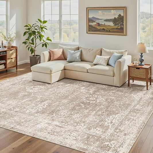 Madane 5x7 Area Rugs for Living Room, Washable Vintage Natural Rug with Non-Slip Backing, Soft Floral Print Throw Rugs Floor Low Pile Carpet for Bedroom Dining Room Farmhouse (5 x 7, Brown/Sand)
