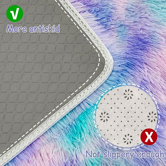 Super Soft Fluffy Living Room Area Rug 2x10 ft Purple Rainbow Tie-Dyed Shaggy Furry Carpet Washable Non-Slip Carpets Bedroom Bedside Nursery Rug Cute Colorful Room Decor for Girls