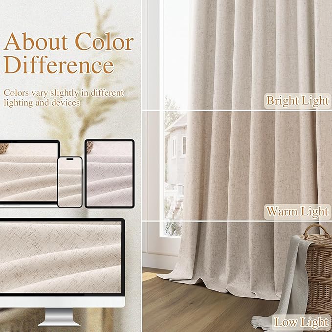 Guken Oatmeal 100% Blackout Curtains 108 Inch Length 2 Panels Set for Living Room Bedroom Back Tab Thermal Insulated Black Out Linen Drapes Room Darkening Window Curtains 108 Inches Long