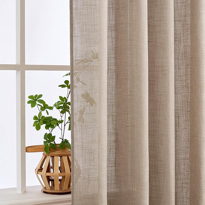 MIULEE Taupe Linen Curtains 54 Inch Length 2 Panels for Bedroom Living Room, Soft Thick Linen Textured Natural Short Window Drapes Semi Sheer Light Filtering Back Tab Rod Pocket Burlap Look Decor