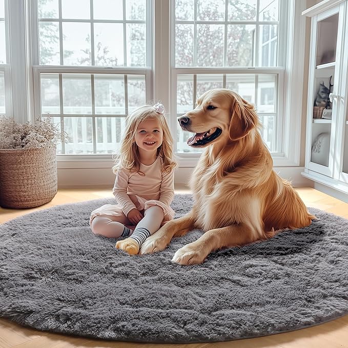 ONASAR Grey Round Rugs 8ft for Living Room, Fluffy Bedroom Circle Area Rug, Soft Plush Shaggy Carpet for Kids Girls Boys Teen Nursery Dorm Classroom Playroom Home Decor Aesthetic