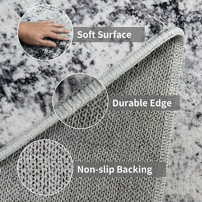 2x5 Washable Runner Rug for Hallway: Non Slip Entryway Runners Rugs Easy-to-Clean - Soft Living Room Bedroom Carpet - Thin Low Pile Floor Mat for Dining Room Black Grey