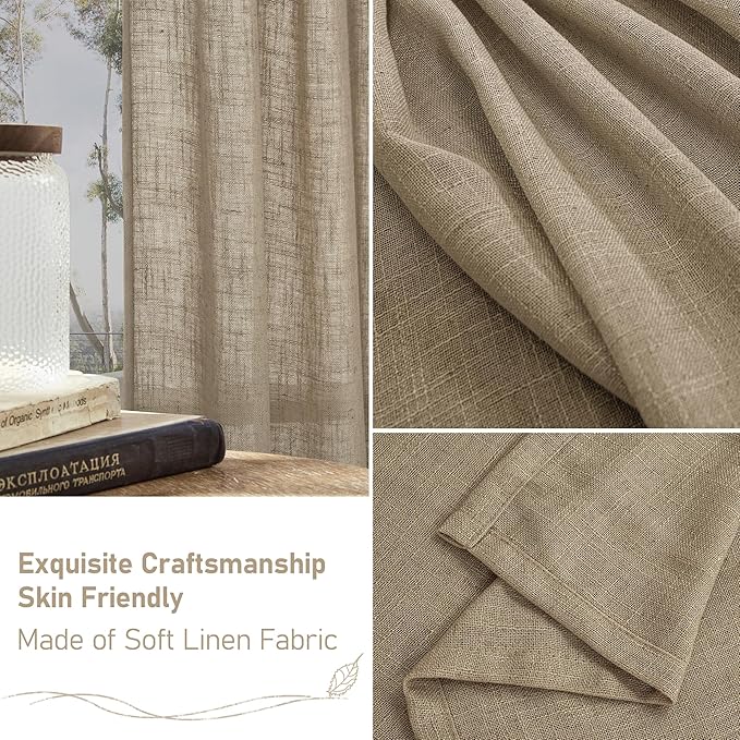 LAMIT Taupe 72 inch Linen Curtains for Living Room 2 Panels, Linen Textured Light Filtering Semi Sheer Back Tab and Rod Pocket Curtain Panels for Bedroom/Farmhouse, 52 x 72 Inch