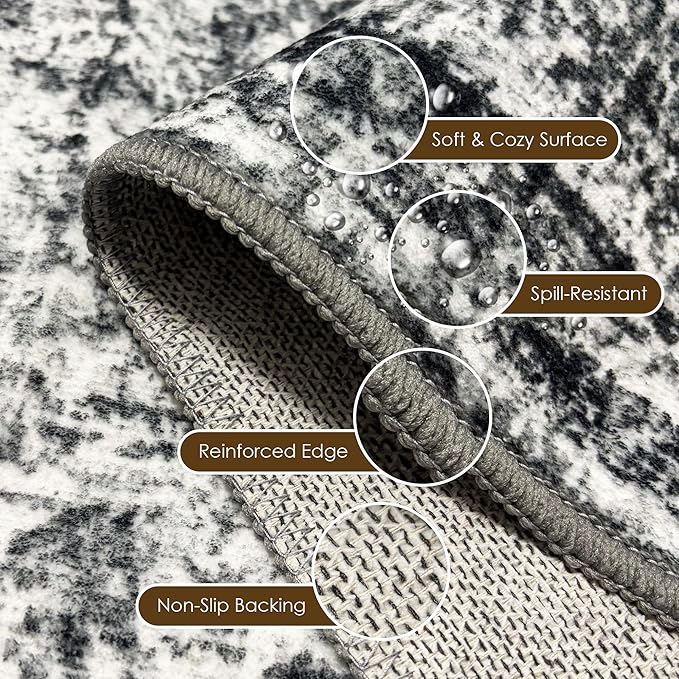 Washable Area Rug 4' x 6' Vintage Traditional Persian Mat - Foldable Distressed Non-Slip Machine Washable Carpet for Living Room Bedroom Kitchen Home Decor - Graphite and Mist