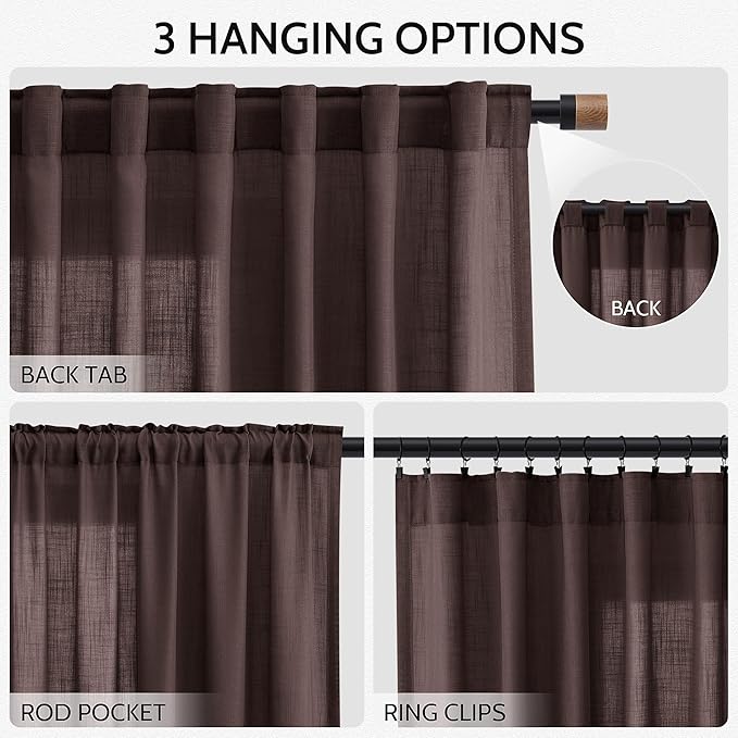 Coffee Brown Linen Curtains 84 Inch Length 2 Panels for Living Room Rod Pocket Back Tab Light Filtering Window Drapes for Bedroom Office Protect Privacy Modern Farmhouse Decor 52x84