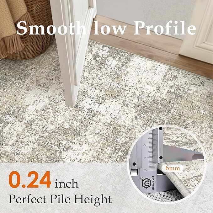 PureCozy Runner Rug 2x6 Beige Machine Washable Modern Abstract Hallway Carpet Non Slip Neutral Long Carpet Low Pile Soft Non Shedding Contemporary Rug for Bathroom Laundry Kitchen Bedroom