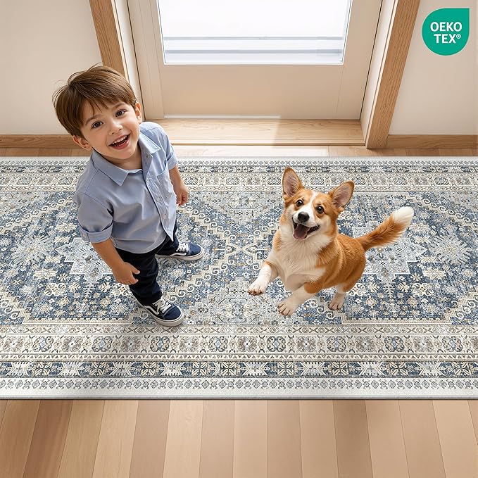 Carpet Runners for Hallway 12ft, Non-Slip Long Bathroom Rugs Runner for Kitchen, Bedroom, Soft Vintage Washable Rug for Entryway, Thin Floor Mat for Dining Room(Blue/Beige,2.5'x12')