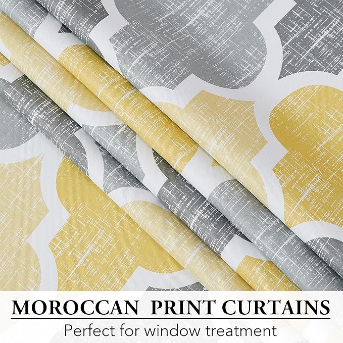Beauoop 100% Blackout Curtains 96 Inches Long 2 Panels for Bedroom Living Room Yellow Grey Moroccan Geo Room Darkening Thermal Insulated Soundproof Rod Pocket Back Tab Window Treatments Drapes, 50x96