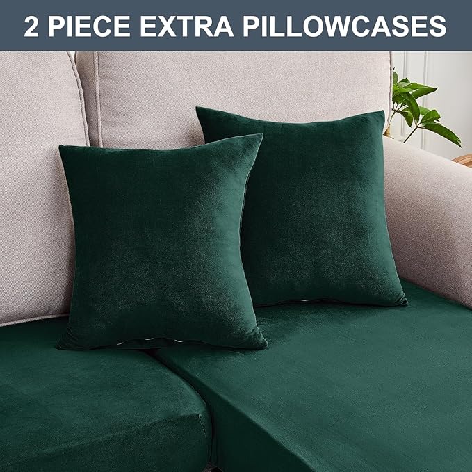 Couch Cover 4-Piece Elastic Velvet Couch Cushion Covers & Chaise Slipcovers for L-Shaped Sofas, Sofa Seat Covers Washable, Soft Cover for Couches (3 Seater + Chaise, Christmas Green)