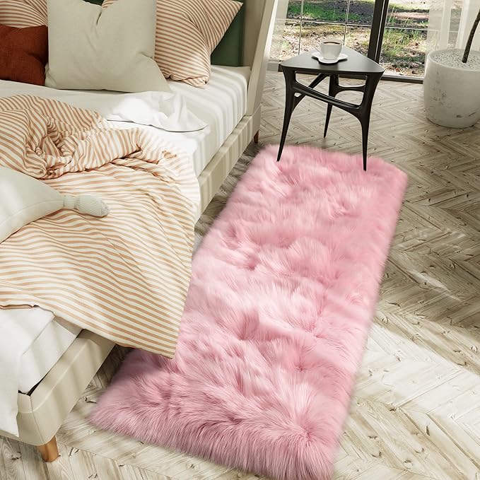 LOCHAS Soft Fluffy Faux Fur Rugs for Bedroom Bedside Rug 2x4 Feet, Washable, Furry Sheepskin Area Rug for Living Room Girls Room, Luxury Shag Carpet Home Decor, Pink