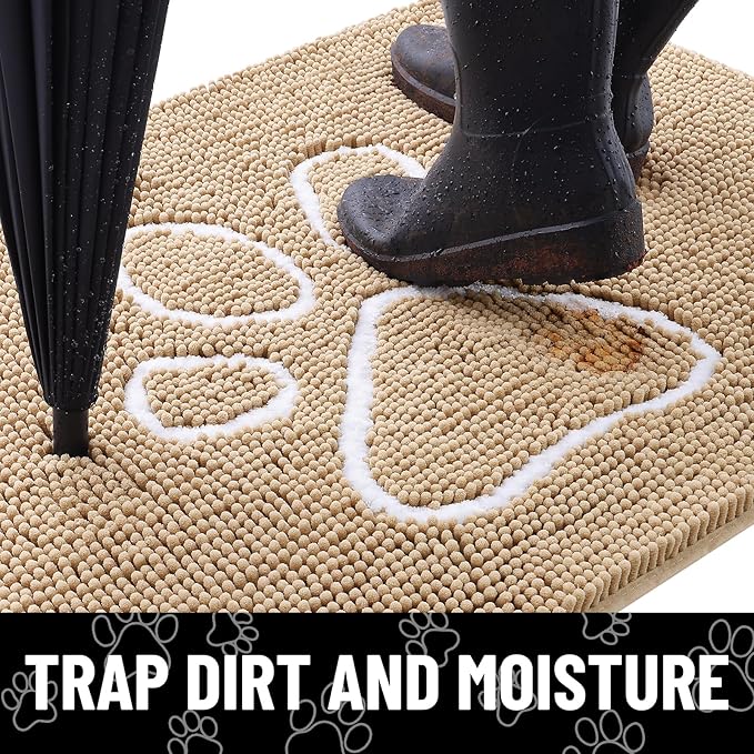Smiry Dog Door Mat for Muddy Paws, Absorbent Dirt Trapper Non Slip Quick Dry Washable Chenille Mat for Mud Dogs, Entry Rug for Indoor and Outdoor (47x24 Inches, Beige and White)