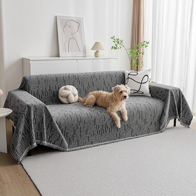MYSKY HOME Couch Covers for Sofa, Dog Couch Cover Protector, Dark Grey Lines Sofa Covers for Sectional L Shape, Pets Couch Throw Cover Washable Durable Large Couch Cover for Dogs, Cats, 91"X134"
