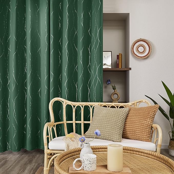 Deconovo Green Curtains, Christmas Blackout Drapes, Thermal Insulated Soundproof Drape, Wave Line Dot Foil Print, 52 x 84 Inch, 2 Panels, Machine‑Washable Window Panel for Living Room Kitchen Nursery