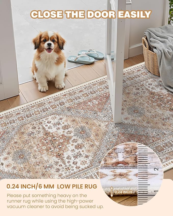 3x6 Runner Rug, Thin Entryway Non Slip Washable Rugs for Entryway, Runners for Hallways, Low Pile Vintage Soft Rugs for Living Room, Kitchen, Bedroom Rug(Orange,3'x6')
