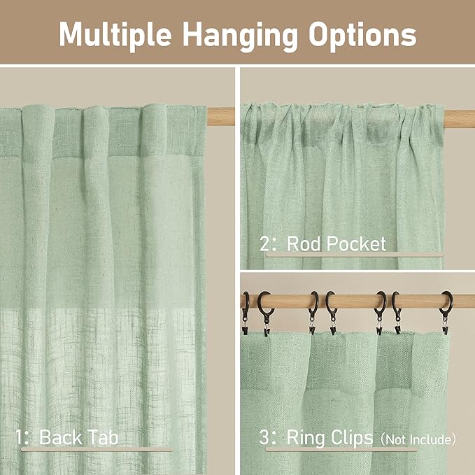 LAMIT Linen Curtains for Living Room 84 inch Length 2 Panels, Light Filtering Semi Sheer Panels Back Tab and Rod Pocket Farmhouse Drapes for Bedroom/Sliding Glass Door, Fresh Green, 52 x 84 Inch
