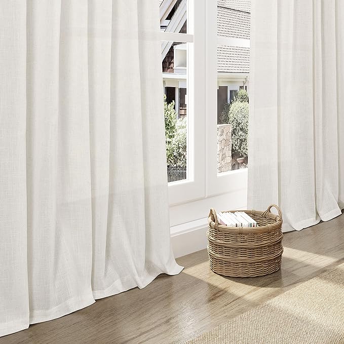 Linen Cream Curtains 113 Inch Extra Long for Living Room Back Tab Light Filtering Semi Sheer Drapes Modern Farmhouse Coastal Decor Cotton Textured Curtain for Floor to Ceiling Window 52x113