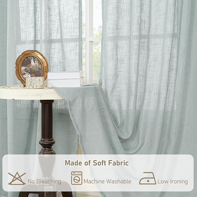 LAMIT Faux Linen Curtains 63 inches Long for Bedroom, Back Tab and Rod Pocket Linen Drapes Light Filtering Semi Sheer Curtains for Small Window/Farmhouse, 2 Panels (52 x 63 Inch, Greyish Blue)