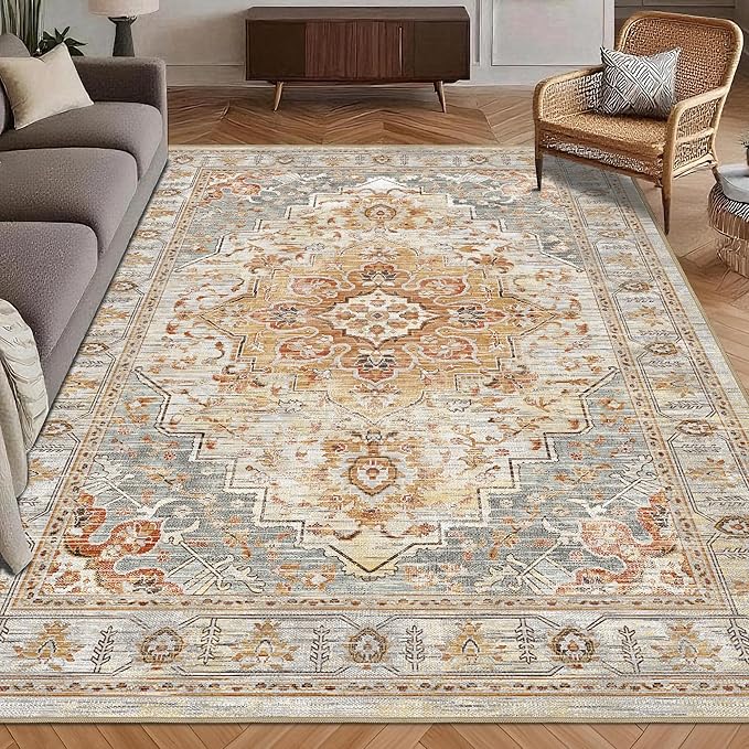 Washable Area Rug 5' x 7' Vintage Traditional Persian Mat - Foldable Distressed Non-Slip Machine Washable Carpet for Living Room Bedroom Kitchen Home Decor - Dove Gray and Coral