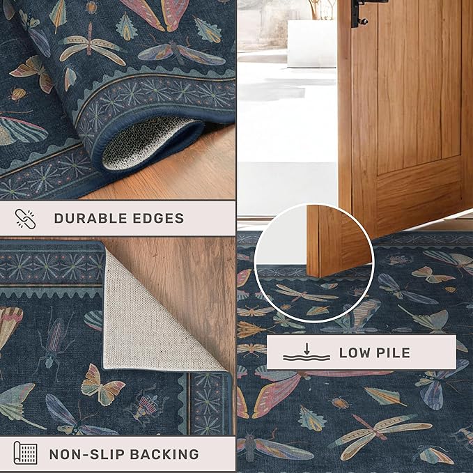 5x7 Navy Blue Boho Rugs for Living Room, Stain Resistant Non Slip Area Rug for Dining Room, Whimsical Bedroom Insect Carpet, Dark Vintage Décor Indoor, Low Pile & Soft