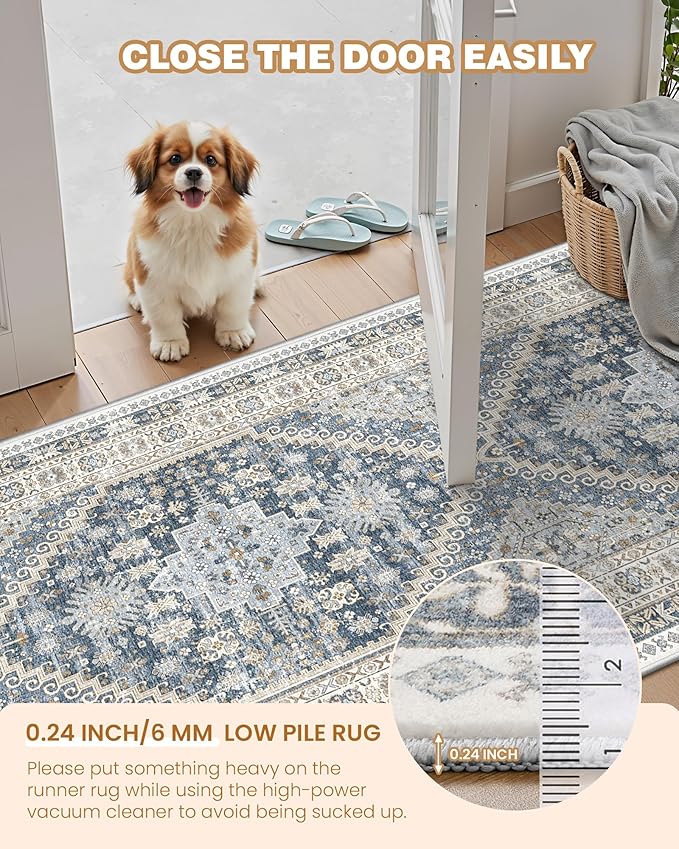 Washable Rugs 8x10 Area Rugs for Living Room, Non-Slip Backing Large Rug for Nursery Room, Vintage Floral Bedroom Rugs, Thin Indoor Home Decor Soft Farmhouse Rug (Blue/Beige,8'x10')