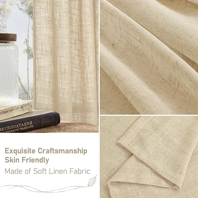 LAMIT Natural Sheer Linen Curtains for Bedroom, Faux Linen Textured Light Filtering Drapes Back Tab and Rod Pocket Boho Neutral Burlap Panels for Farmhouse/Living Room, 2 Panels, 52 x 72 Inch