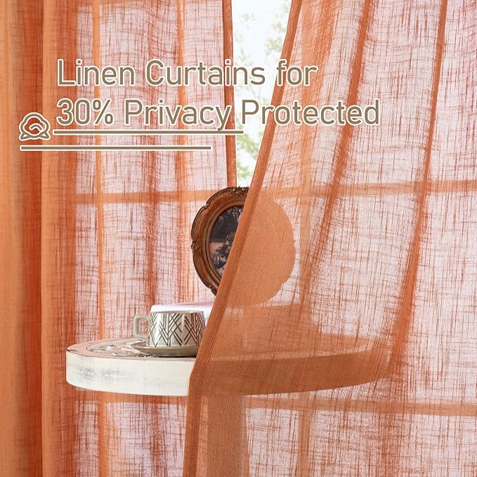 LAMIT Burnt Orange Linen Curtains for Living Room, 84 inch Length Light Filtering Semi Sheer Drapes Back Tab and Rod Pocket Farmhouse Panels for Bedroom, 2 Panels, 34 x 84 Inch