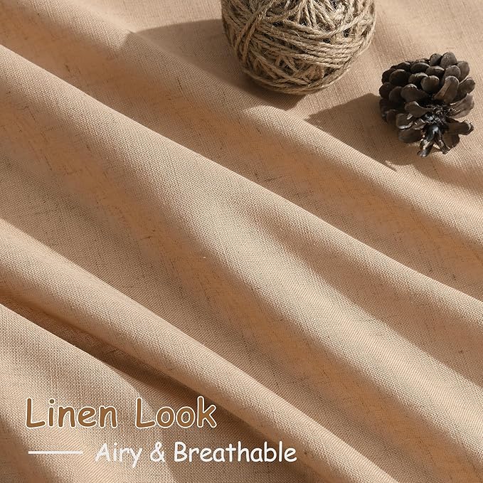 Extra Long Camel Linen Curtains 2 Panels 102 Inches Long for Living Room Back Tab Rod Pocket Light Filtering Semi Sheer Drapes Soft Cotton Textured Window Curtain 102 Inch Length for Bedroom.