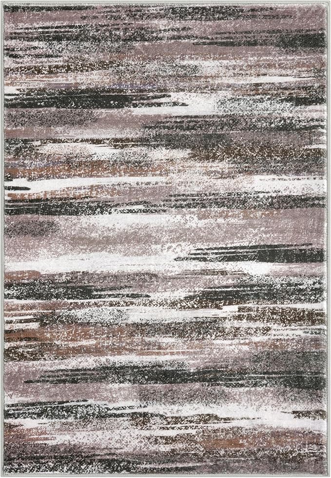 Lansny Modern Abstract 5x7 Machine Washable Area Rug Non-Slip Soft Bedroom Living Romm Rug Dark Light Brown White Ultra Thin Print Faux Wool Floor Carpet Throw Rugs for Dining Room Indoor Office