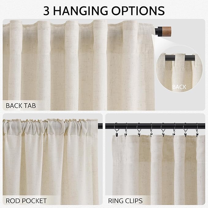 Nanspring Birch Beige Curtains 90 Inches Long for Living Room Linen Light Filtering Semi Sheer Curtain Back Tab Rod Pocket Modern Farmhouse Decor Elegant Coastal Drapes for Bedroom 52x90, 2 Panels
