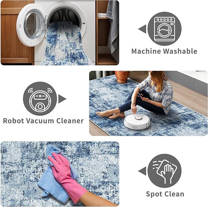Hallway Runner Rug 2x8 Washable: Entryway Runners Rugs Non Slip Easy-to-Clean - Soft Living Room Bedroom Carpet - Thin Low Pile Printed Floor Mat for Dining Room Blue