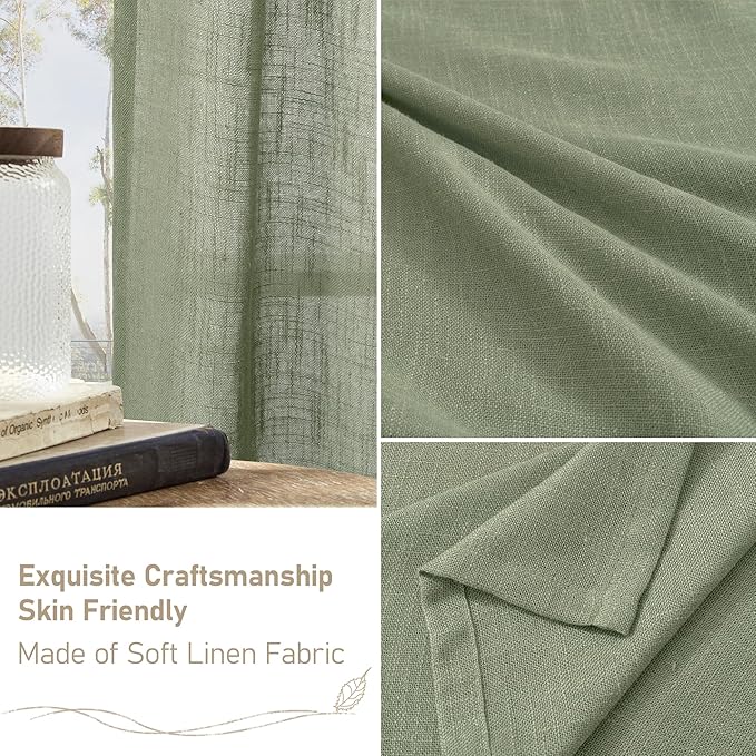 LAMIT Sheer Linen Curtains for Living Room, Back Tab and Rod Pocket Sage Green Curtains Light Filtering Country Rustic Neutral Drapes for Bedroom/Farmhouse, 2 Panels, 52 x 102 Inch