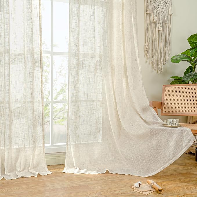 LAMIT Linen Curtains 40 Inch Length 2 Panels, Cream Ivory Semi Sheer Light Filtering Panels Back Tab and Rod Pocket Neutral Drapes for Basement/Window/Loft Room, 34 x 40 Inch