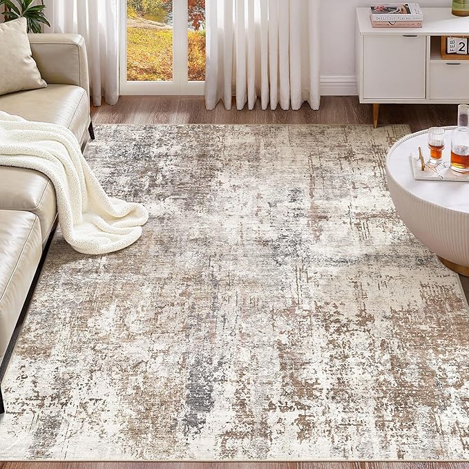 UERMEI 7x9 Area Rug Living Room Rugs - Washable Neutral Modern Abstract Soft Thin Rug Indoor Floor No Slip Rug Carpet for Bedroom Under Dining Table Home Office Decor - Brown/Grey/Red