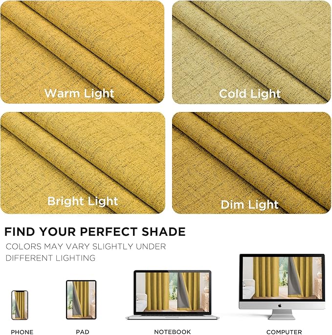 Joydeco Blackout Curtains for Bedroom - 100% Light Blocking 2 Panels Set Yellow Drapes 37" W x 84" L, Thermal Insulated Room Darkening Curtains, Linen Textured for Living Room, Rod Pocket & Back Tabs