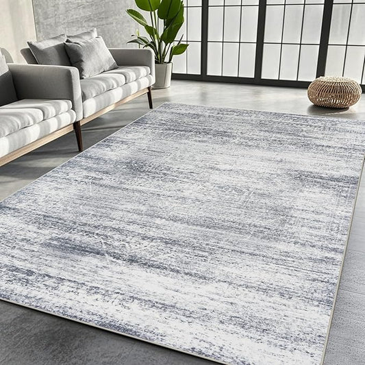 Srugn Washable Rugs 8x10 Area Rugs for Living Room,Rugs for Bedroom,Large Carpets,Ultra Soft Faux Wool Retro Dining Room Rug,Non Slip&Non-Shedding Low Pile Vintage Print Rug for Home Office-Grey Cream