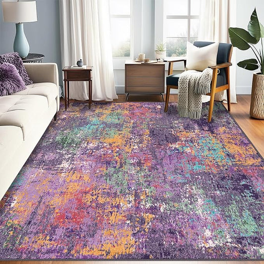 Washable Area Rugs 9'x12' Non-Slip Modern Abstract Soft for Living Room Entryway Bedroom Nursery, Print Pattern, Purple Orange Blue Green Rust Red Colorful