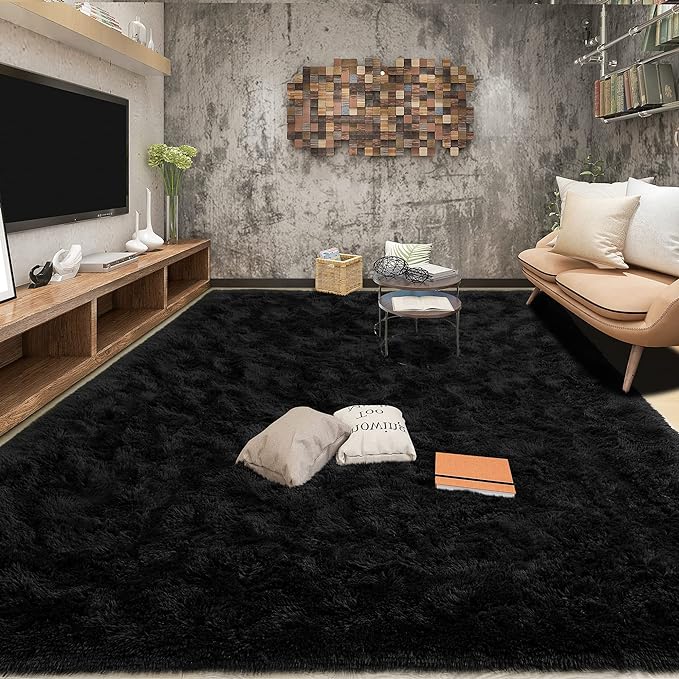 Tepook Super Soft Fluffy Rug for Bedroom, Modern Shaggy Fuzzy Kids Rugs for Living Room, Plush Indoor Nursery Home Decor Dorm Carpet with Non-Slip Bottom, Black, 3 X 5 Feet