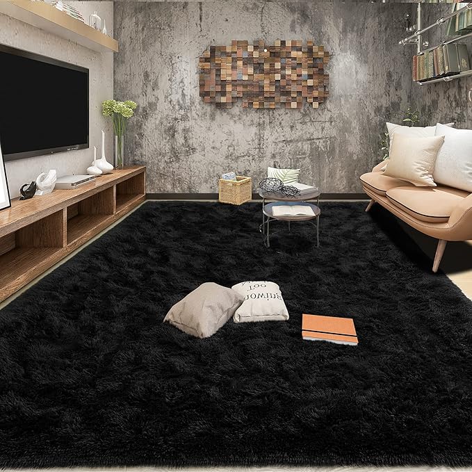 Tepook Fluffy Large Rugs for Living Room, Shag Area Rug 6x9 Soft Carpet for Bedroom, Modern Shaggy Rug for Kids Boys Girls, Plush Indoor Nursery Home Decor Rug with Non-Slip Bottom, Black, 6 X 9 Feet