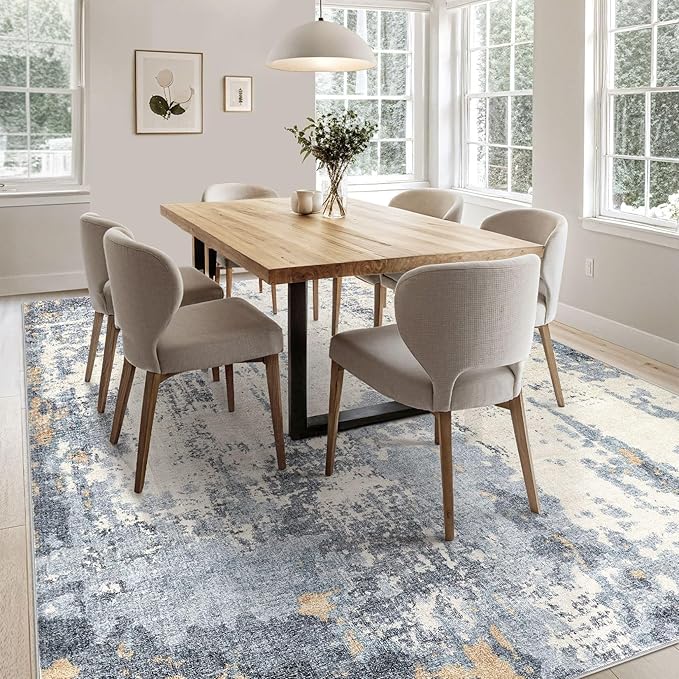 UERMEI 6x9 Area Rug Living Room Rugs - Washable Neutral Modern Abstract Soft Thin Rug Indoor Floor No Slip Rug Carpet for Bedroom Under Dining Table Home Office Decor - Blue/Light Brown