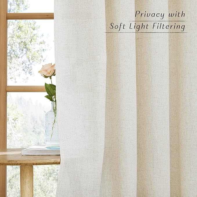 NICETOWN Natural Linen Curtains for Bedroom, Decorative Thick Flax Window Treatments Semi Sheer Privacy Assured with Light Through for Nursery/Bathroom, W55 x L54, Sold as 2 Panels